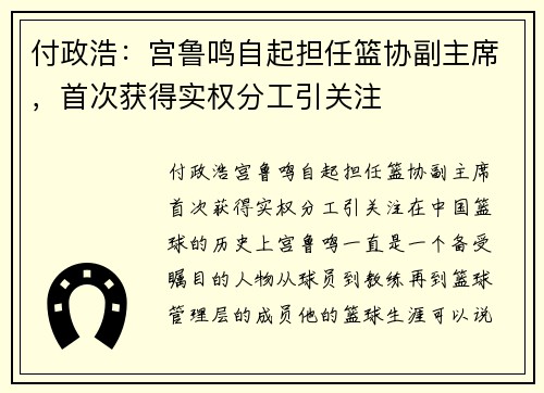 付政浩：宫鲁鸣自起担任篮协副主席，首次获得实权分工引关注
