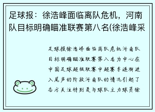 足球报：徐浩峰面临离队危机，河南队目标明确瞄准联赛第八名(徐浩峰采访视频)